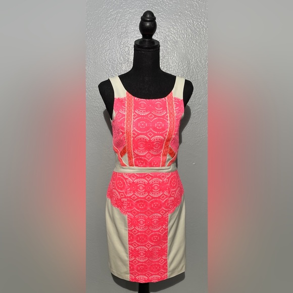 Gianni Bini Hot Pink Lace Over White Mini Dress - Picture 1 of 6